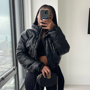Open image in slideshow, Leather Cropped Puffer Jackets
